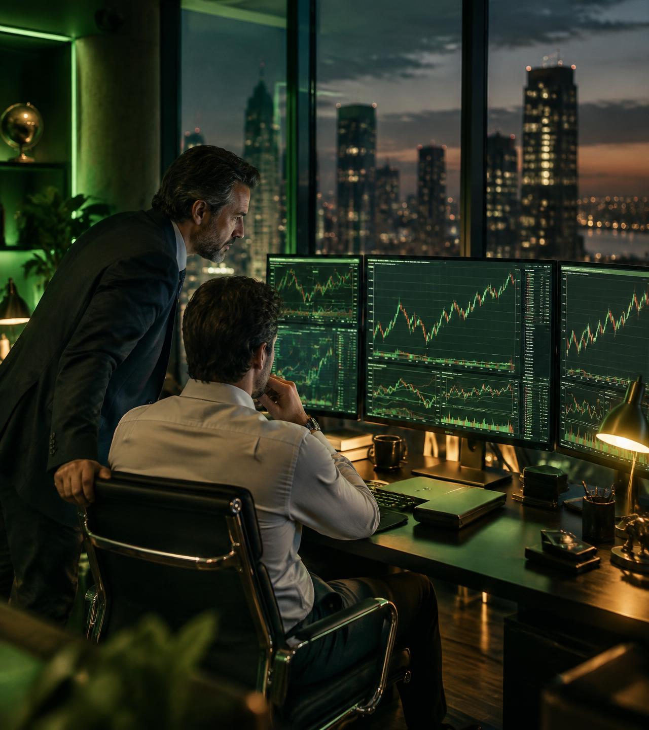 ViaTraders trading team reviewing market research across multiple screens
